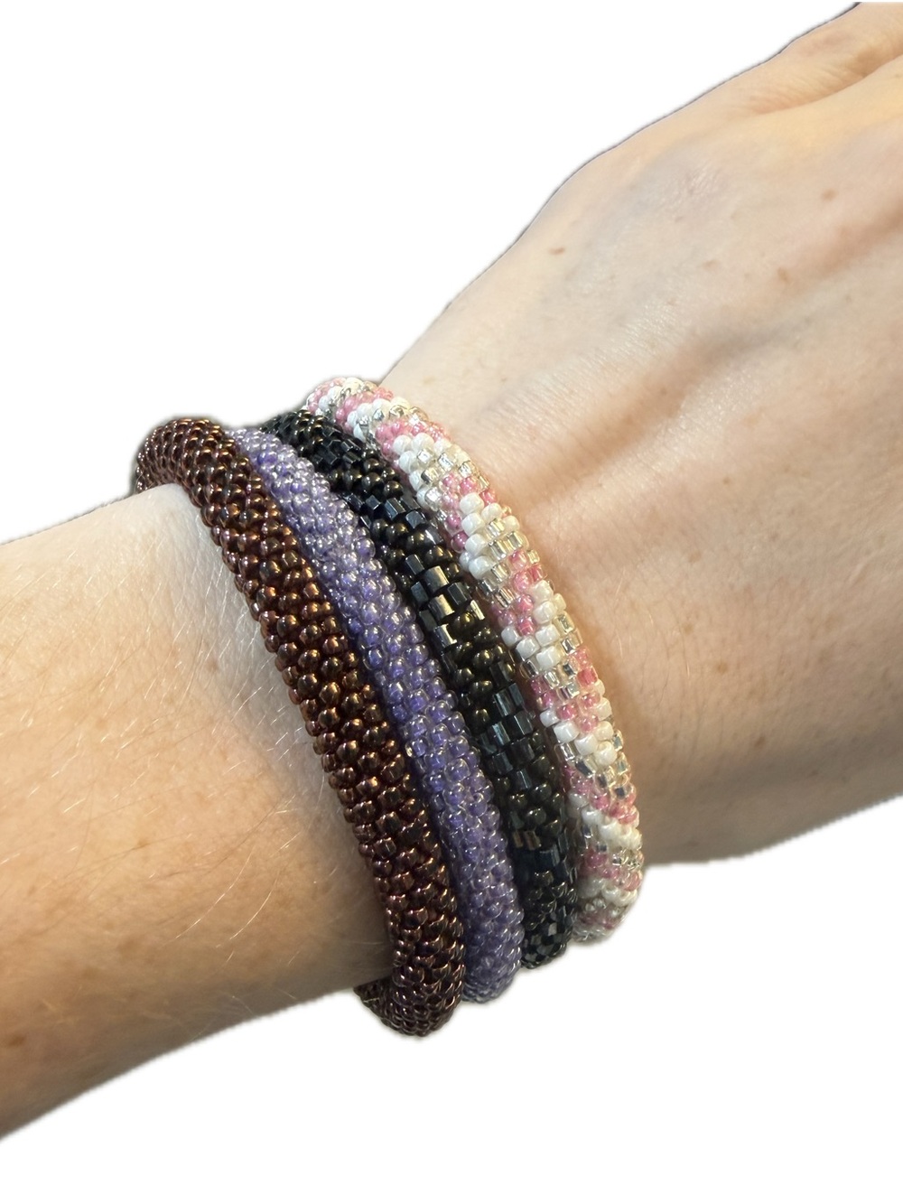 LILY AND LAURA Brown, Purple, Black and Pink Beaded Bracelet Stack